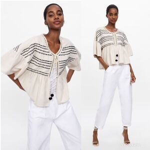 Zara RUSTIC Linen JACKET WITH TOPSTITCHING and Pom Pom ties